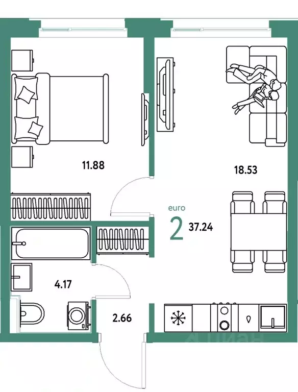 2-к кв. Тюменская область, Тюмень ул. 50 лет Октября, 61к1 (37.24 м) - Фото 1