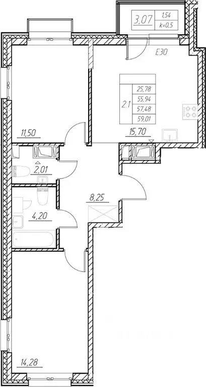 2-к кв. Санкт-Петербург Полюстровский просп., 87к1 (57.48 м) - Фото 1