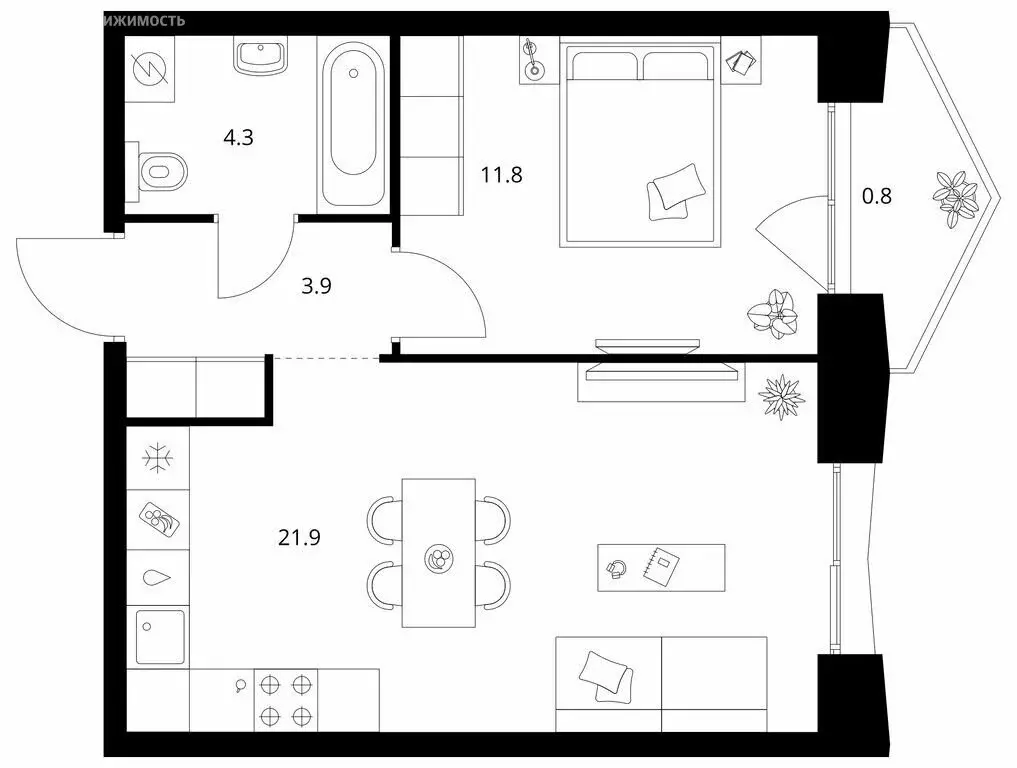 1-комнатная квартира: Казань, Ботаническая улица (42.7 м) - Фото 1