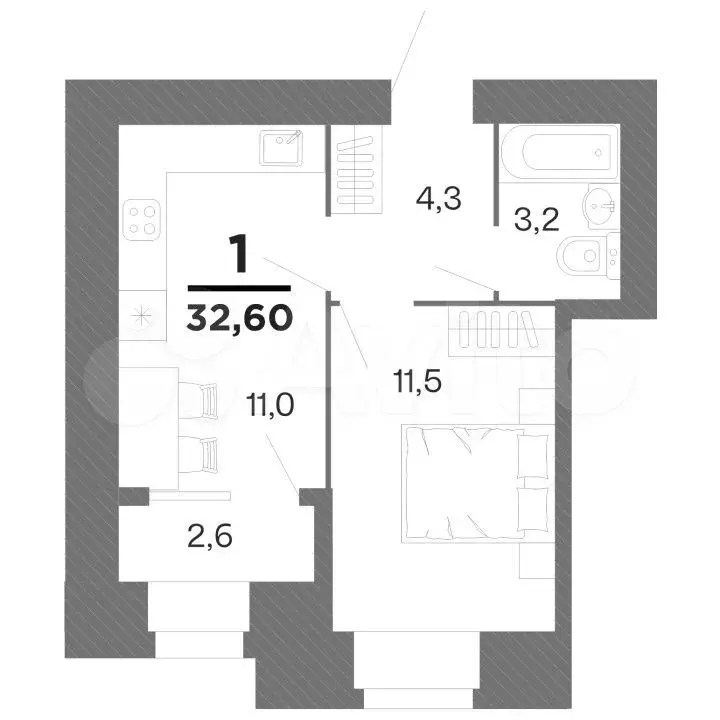 1-к. квартира, 32,6 м, 11/16 эт. - Фото 1