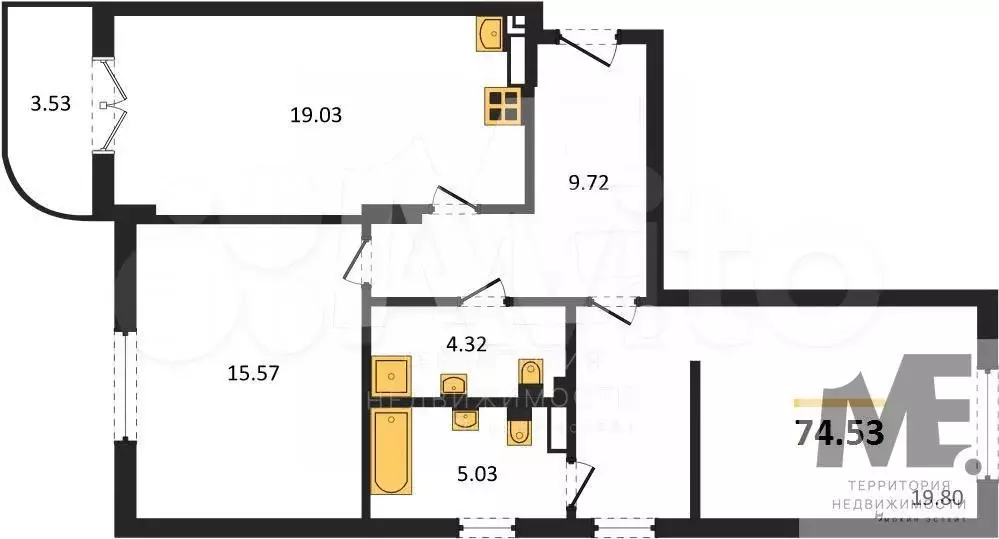 2-к. квартира, 74,5 м, 3/4 эт. - Фото 0