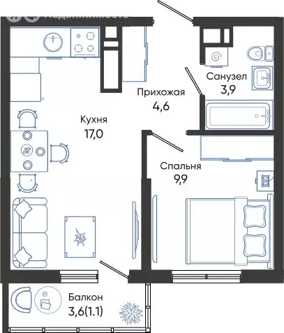 1-комнатная квартира: Новороссийск, улица Куникова, 55к1 (36.5 м) - Фото 0
