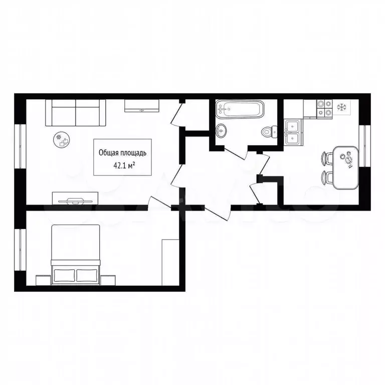 2-к. квартира, 42,1 м, 1/2 эт. - Фото 0