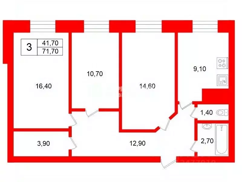 3-к кв. Санкт-Петербург пос. Металлострой, Полевая ул., 1/25 (71.7 м) - Фото 2