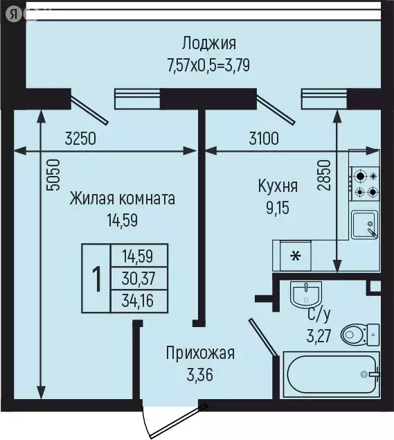 1-комнатная квартира: село Небуг, квартал Спортивный (34.16 м) - Фото 0