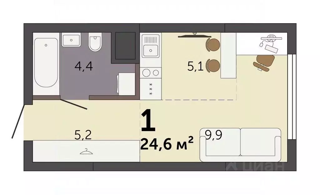 Студия Свердловская область, Екатеринбург Южный жилрайон,  (24.6 м) - Фото 1
