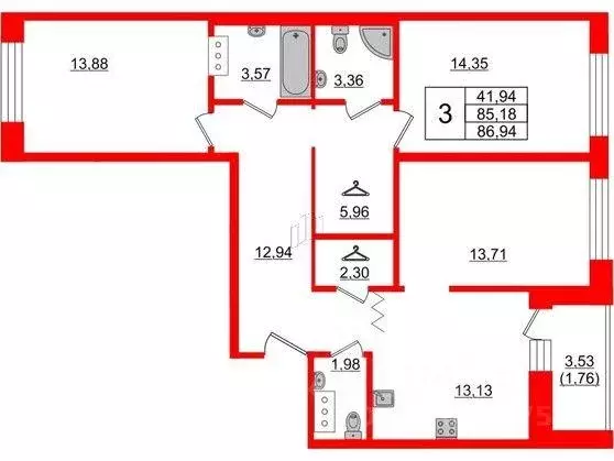Квартира, 3 комнаты, 87.5 м - Фото 0