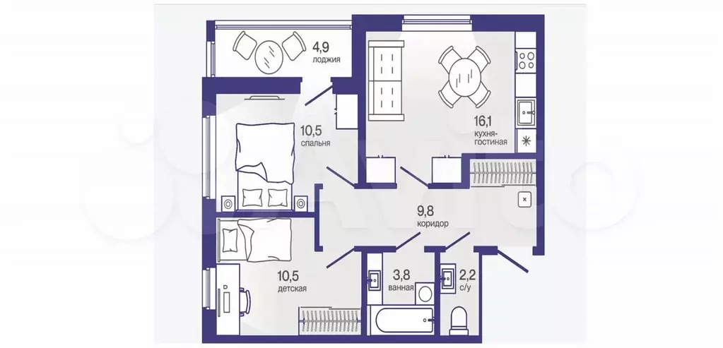 2-к. квартира, 55 м, 3/4 эт. - Фото 1