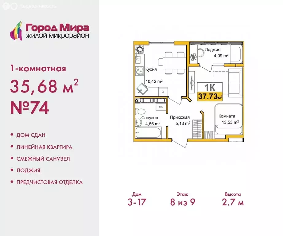 1-комнатная квартира: Симферополь, улица Батурина, 145 (35.68 м) - Фото 0