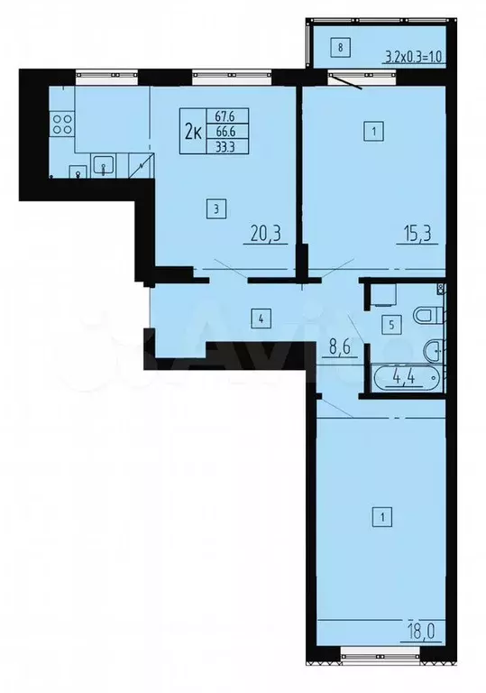 2-к. квартира, 68 м, 6/8 эт. - Фото 1