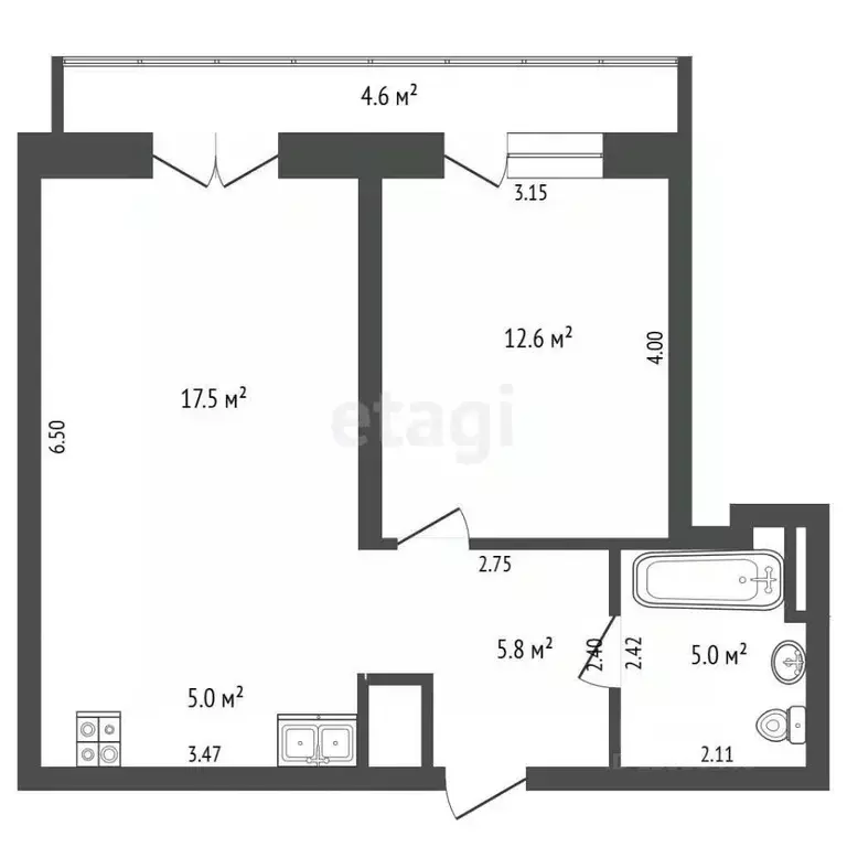 1-к кв. Тюменская область, Тюмень Причальная ул., 9 (45.9 м) - Фото 2