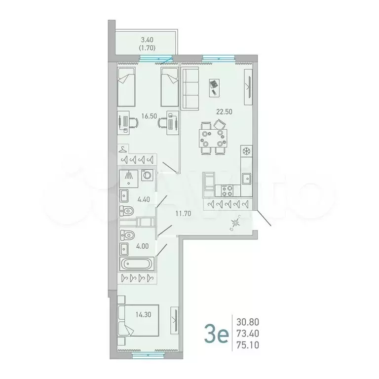 2-к. квартира, 75,1 м, 16/17 эт. - Фото 0