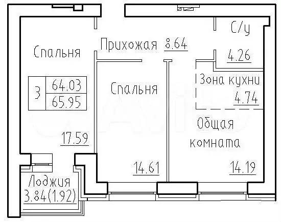 2-к. квартира, 64м, 5/10эт. - Фото 0