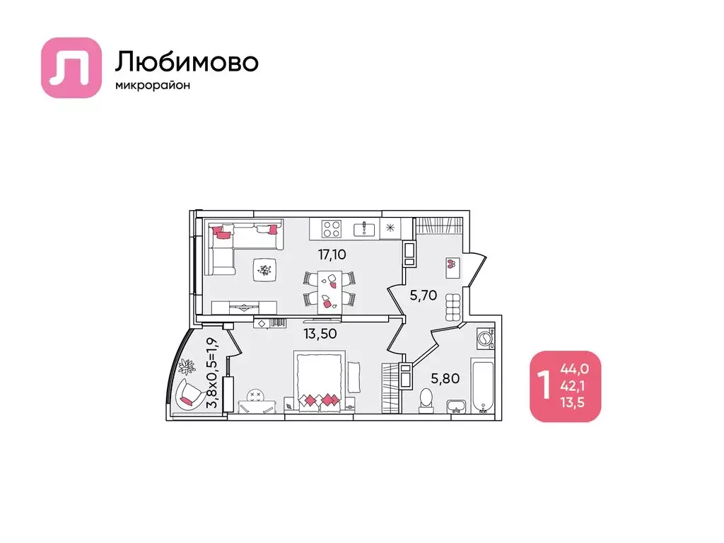 1-комнатная квартира: Краснодар, микрорайон Любимово (44 м) - Фото 0