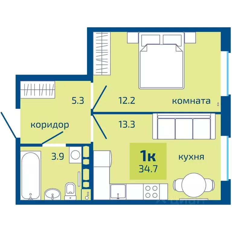 1-к кв. Пермский край, Пермь Целинная ул., 59к3 (34.7 м) - Фото 1