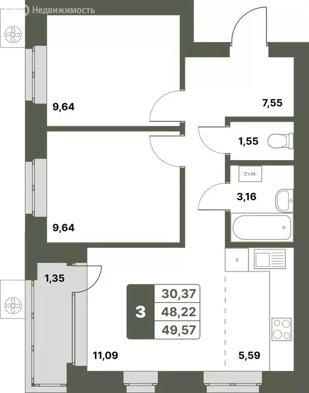 3-комнатная квартира: Уфимский район, село Миловка (49.57 м) - Фото 0