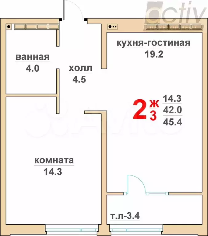 2-к. квартира, 45,4 м, 3/16 эт. - Фото 0