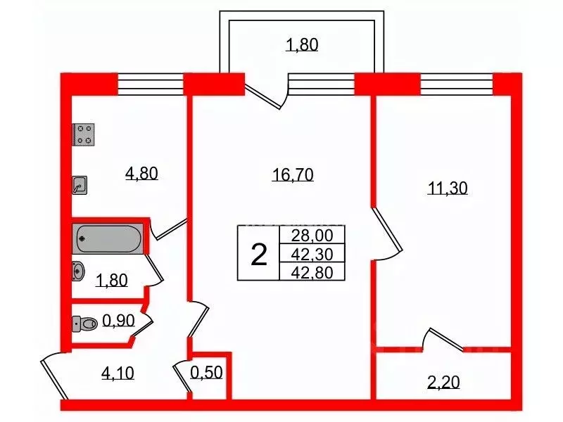 2-к кв. Санкт-Петербург ул. Пилотов, 30К1 (42.8 м) - Фото 1