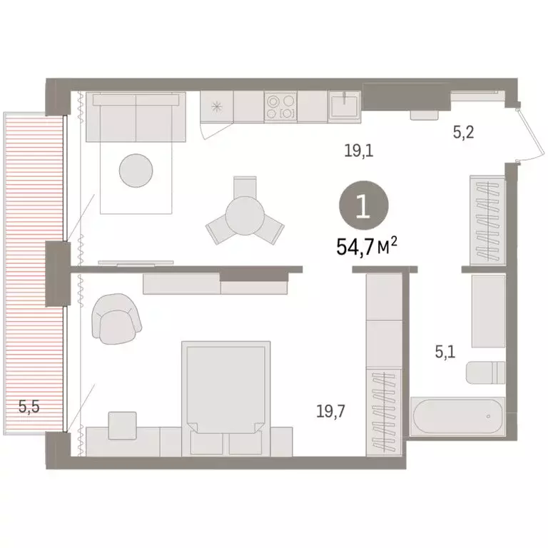 1-комнатная квартира: Тюмень, Краснооктябрьская улица, 4к3 (54.65 м) - Фото 1