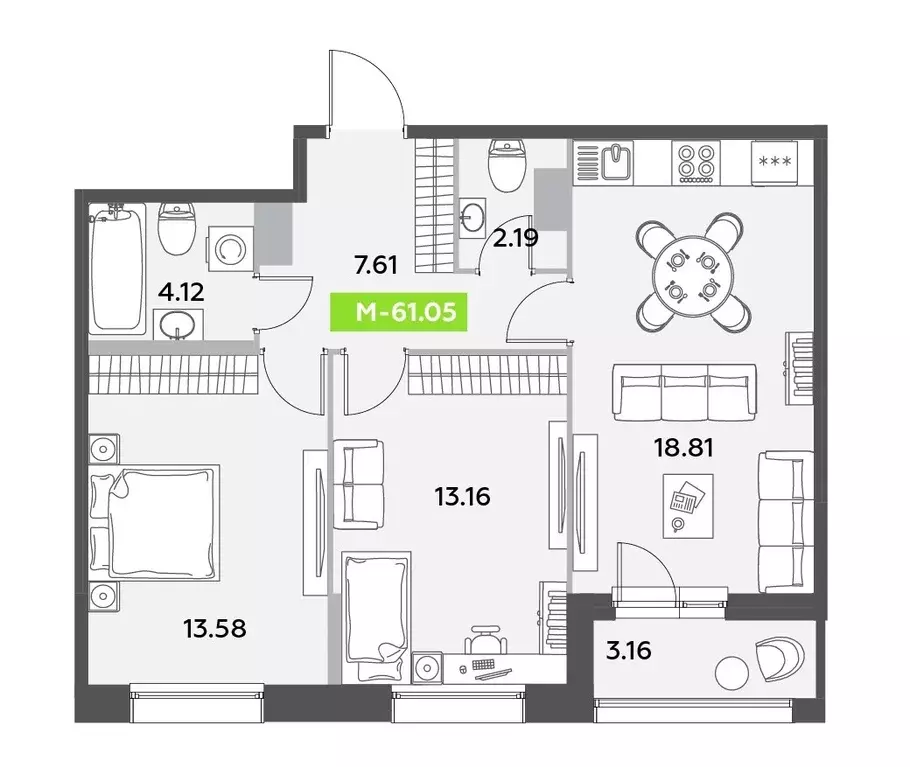 Продаётся 2-к квартира, 61.05 м - Фото 1