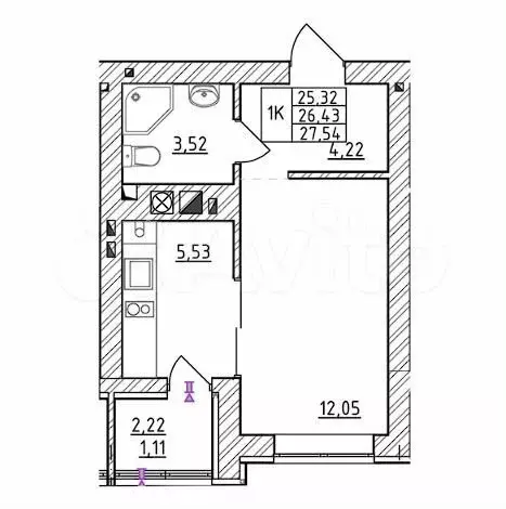 1-к. квартира, 26,4 м, 1/7 эт. - Фото 1