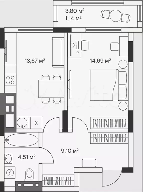1-к. квартира, 43,1 м, 6/7 эт. - Фото 1