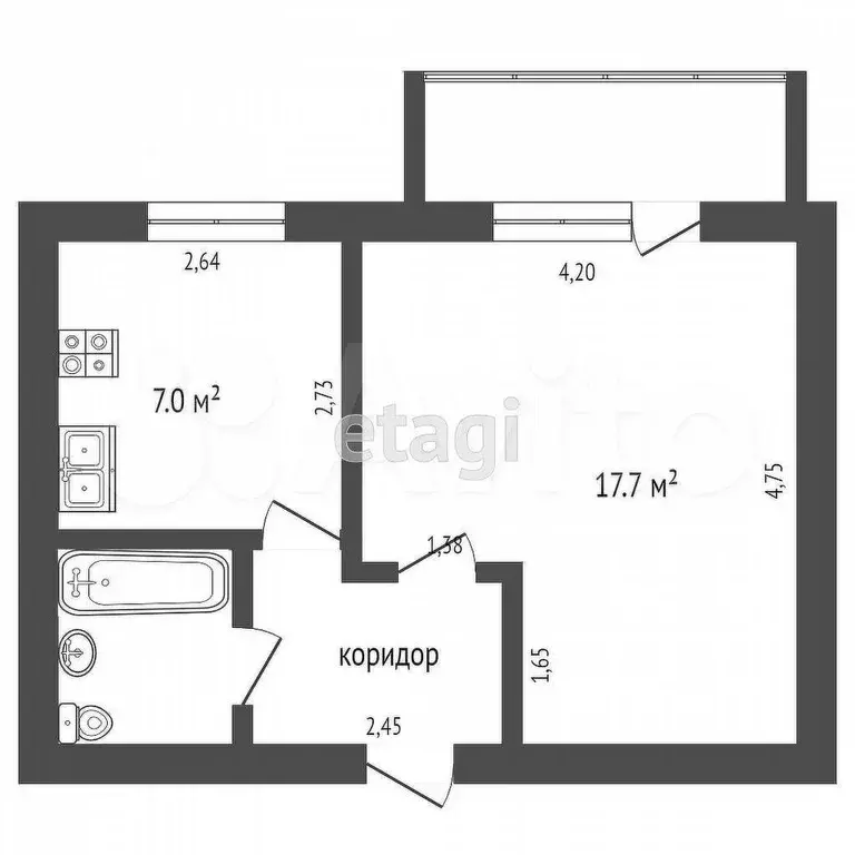 1-к. квартира, 32,5 м, 4/5 эт. - Фото 0