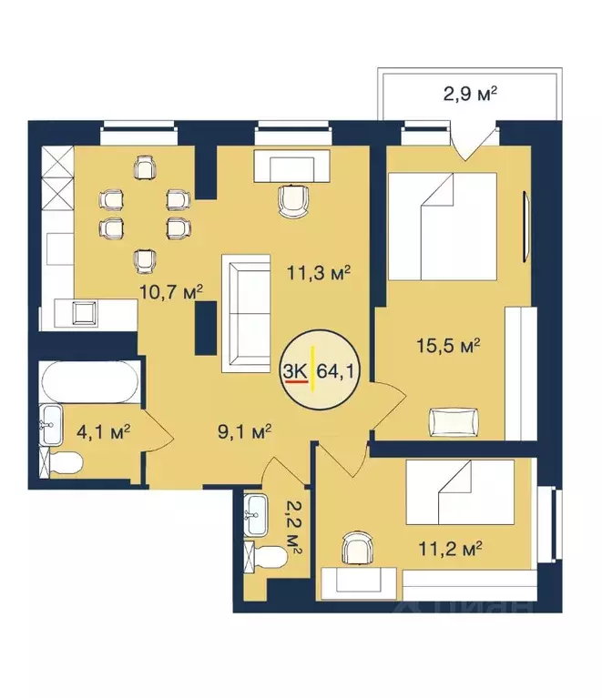 3-к кв. Тюменская область, Тюмень Таежная ул., 2 (64.1 м) - Фото 0