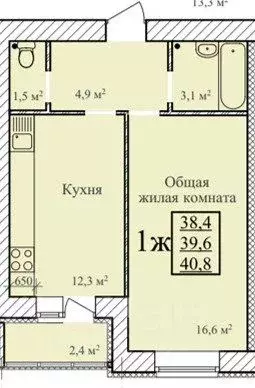 1-к кв. Тамбовская область, Тамбов ул. Имени Павла Строганова, 1 (40.8 ... - Фото 2