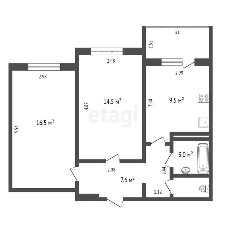 2-комнатная квартира: Тюмень, улица Николая Фёдорова, 17 (52.8 м) - Фото 1