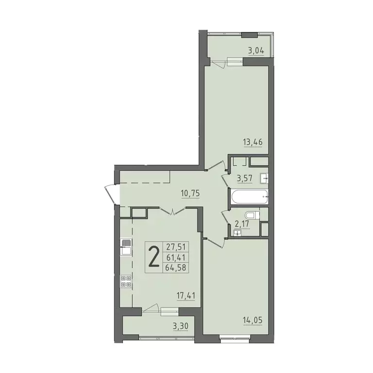2-к квартира, 64.58 м - Фото 0