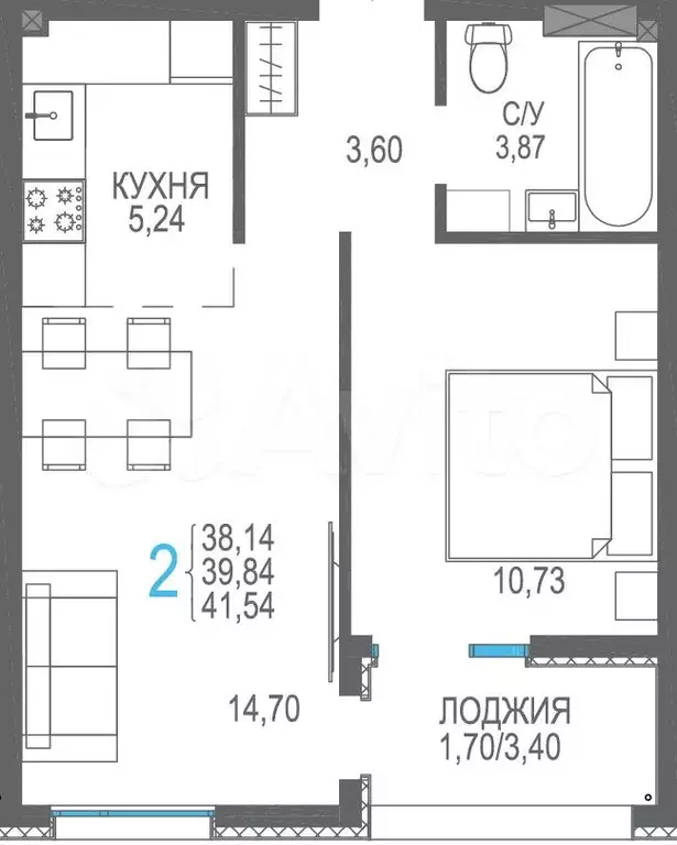 2-к. квартира, 41,5 м, 7/9 эт. - Фото 0