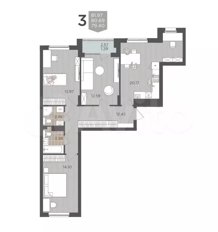 3-к. квартира, 79,4 м, 2/9 эт. - Фото 1