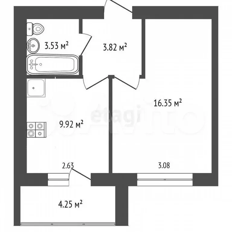 1-к. квартира, 33,4 м, 6/10 эт. - Фото 1