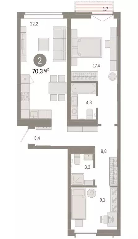 2-комнатная квартира: Тюмень, жилой комплекс Республики 205 (70.27 м) - Фото 1