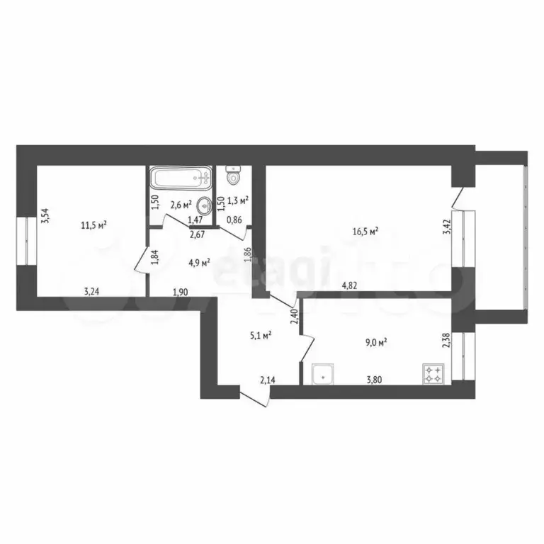 2-к. квартира, 53 м, 2/6 эт. - Фото 1