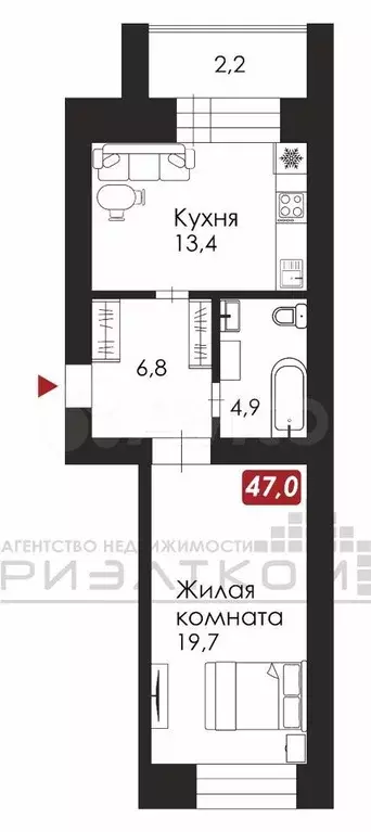 1-к. квартира, 47 м, 1/9 эт. - Фото 1