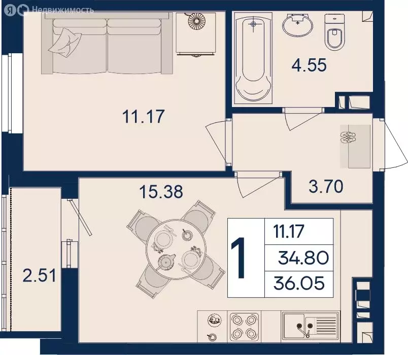 1-комнатная квартира: Краснодар (36.05 м) - Фото 0