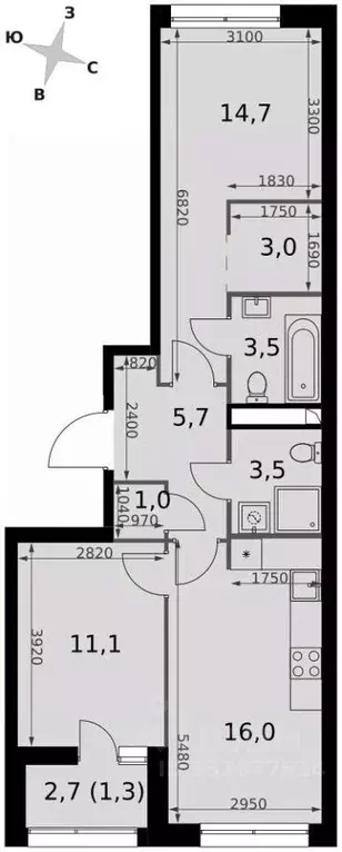 2-к кв. Москва Строительный проезд, 9к1 (59.8 м) - Фото 1