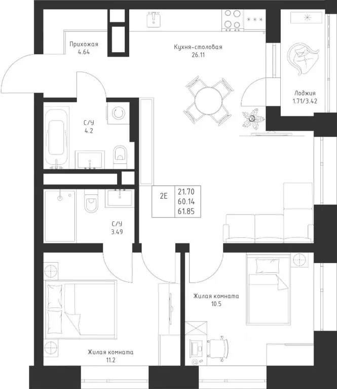 2-к кв. Татарстан, Казань Седьмое Небо жилрайон,  (61.85 м) - Фото 0