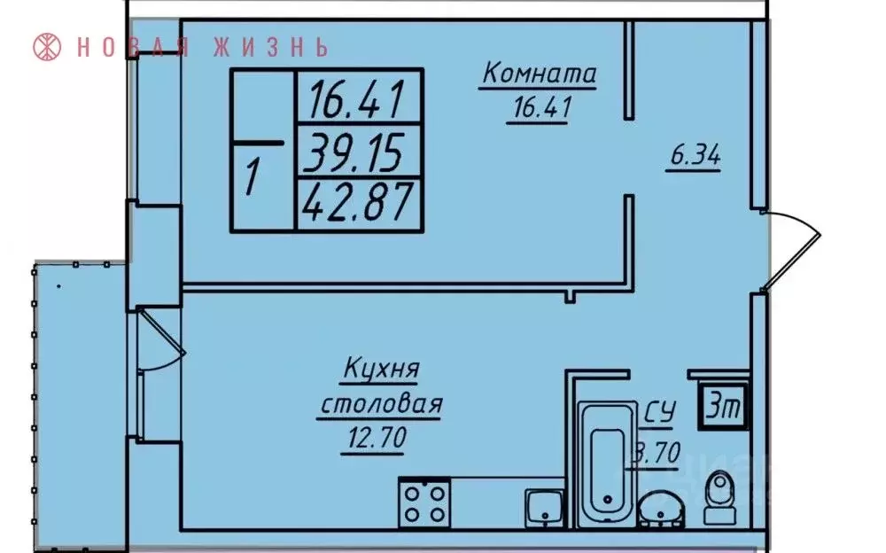 1-к кв. Самарская область, Самара ул. Стара-Загора, 249А (42.9 м) - Фото 1