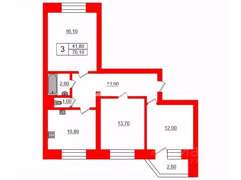 3-к кв. санкт-петербург ул. савушкина, 115к3 (70.1 м) - Фото 1