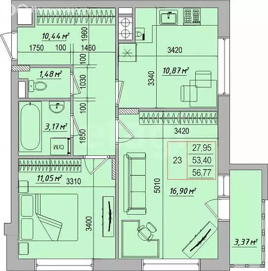 2-комнатная квартира: Белгород, Беловская улица, 12к1 (56.77 м) - Фото 1