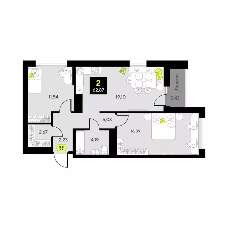 2-к кв. Тюменская область, Тюмень ул. Первооткрывателей, 11 (62.87 м) - Фото 1