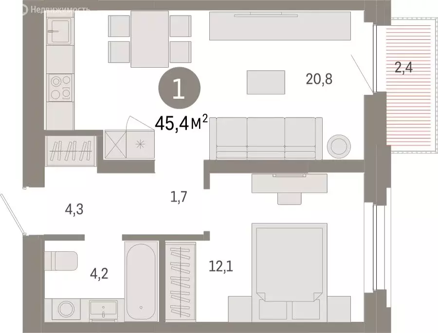 1-комнатная квартира: Тюмень, Мысовская улица, 26к2 (45.38 м) - Фото 0