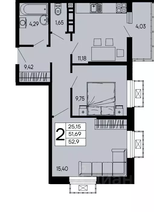 2-к кв. Адыгея, Майкоп 9 Мая ул. (52.9 м) - Фото 1