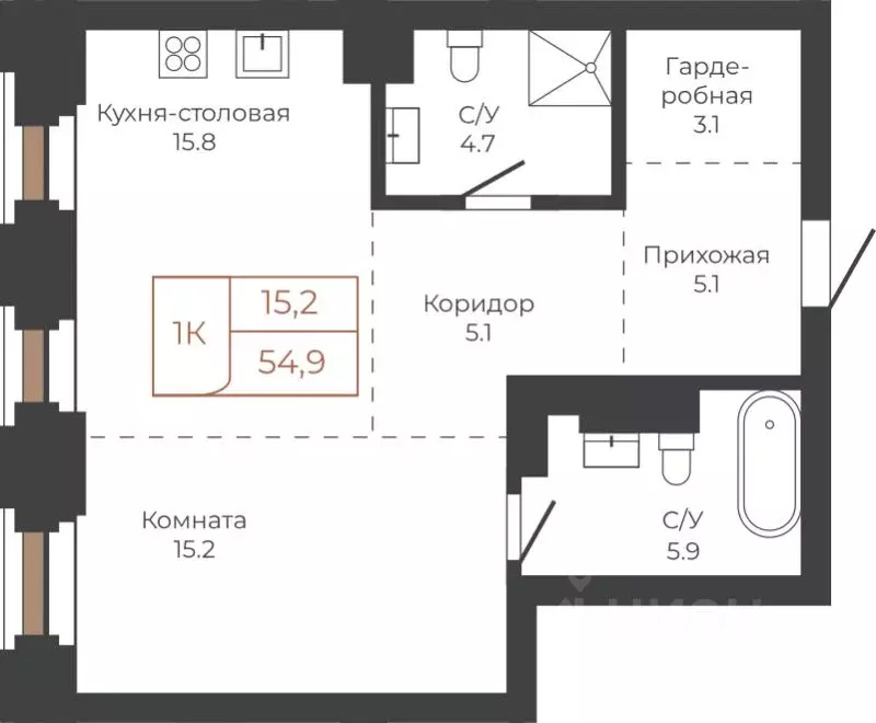 1-к кв. Алтайский край, Барнаул пл. Баварина, 8к2 (54.9 м) - Фото 0