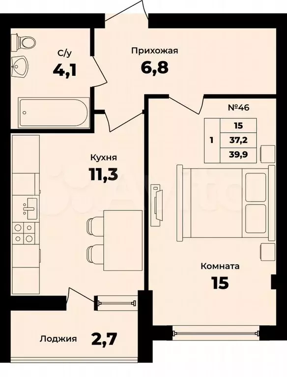 1-к. квартира, 38,6 м, 3/9 эт. - Фото 0