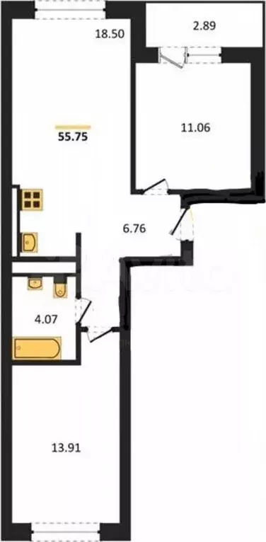 2-к. квартира, 55,8 м, 4/9 эт. - Фото 0