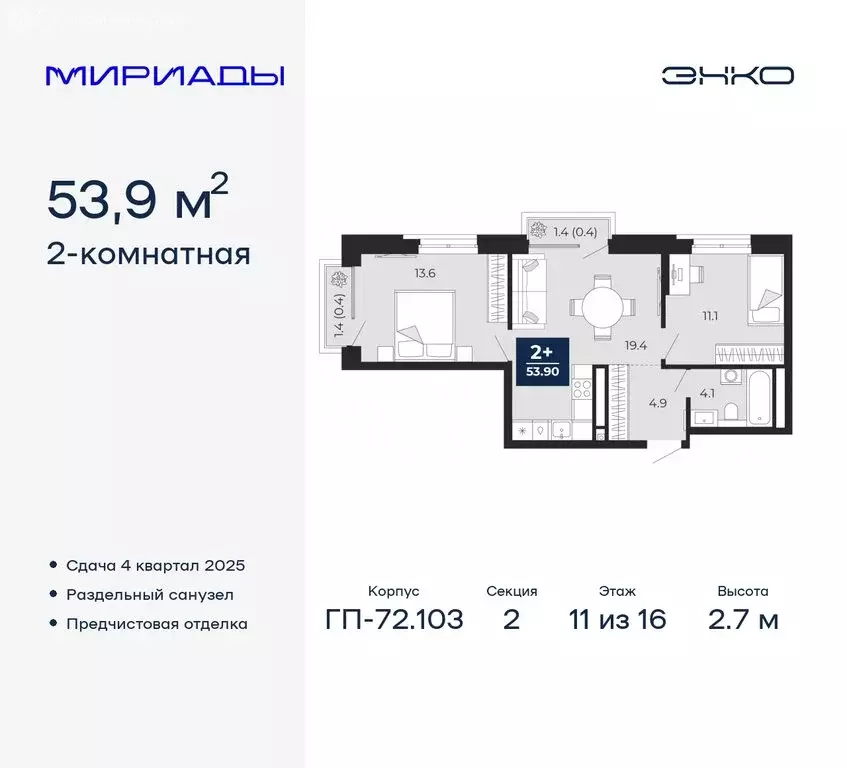 2-комнатная квартира: Тюмень, жилой комплекс Мириады (53.9 м) - Фото 0